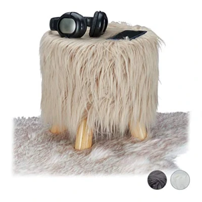 Image of Relaxdays Faux Fur Stool, Fluffy, 4 Wooden Legs, Padded Footstool, Round, Decorative Stand, Brown, Size