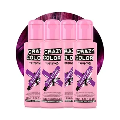 Image of Crazy Color Vibrant Burgundy Semi Permanent 4 Pack Quad Hair Dye. Highly Pigmented Purple Wine Conditioning &amp; Oil Nourishing Vegan Formula No Bleach or Ammonia 400ml