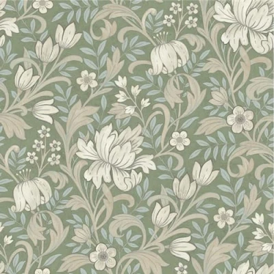 Image of SOPHIE LAURENCE Sage Green Floral Wallpaper Light Blue Leafs Beige Flowers Smooth Matte Thick for Feature Wall Living Room Bedroom