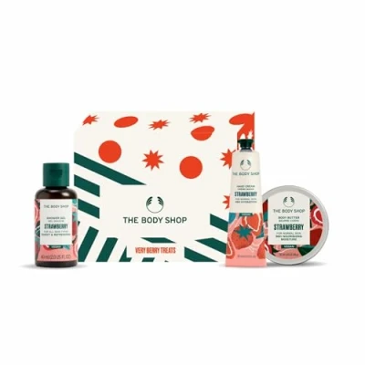 Image of The Body Shop Lather &amp; Juicy Strawberry Gift Set Bag butter shower gel hand cream travel mini&#039;s vegan