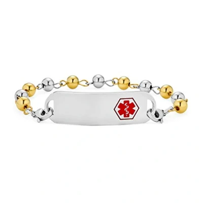 Image of Identification Medical ID Bracelet Blank Ball Bead Link Chain for Women Gold 2 Tone Stainless Steel 7.5 Inch