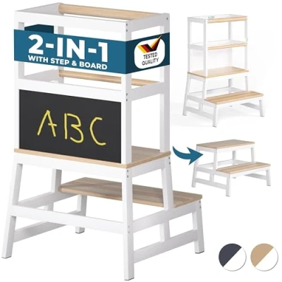 Image of Spielwerk® Kitchen Learning Tower Toddler Step Stool for Ages 2+ 100 KG / 220lbs Weight Capacity Adjustable Height &amp; Safety Rail Solid Pine Wood White 56 x 49 93cm (22x19x36in)