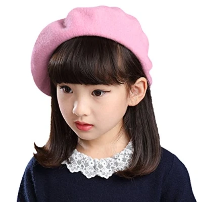 Image of Kids Wool Blend French Beret Hat Girls Boys Artist Classic Fashion Solid Warm Winter Autumn Beanie Cap Pink