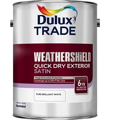 Image of Dulux Trade Weathershield Quick Drying Satin Pure Brilliant White 5 Litres