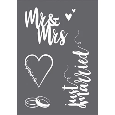 Image of Rayher 45127000 Set of Mask Stencil and Craft Squeegee for Crafts Painting, Reusable Silk Screen Template with Just Married, Mr Mrs More Wedding Themed Designs, 21x29.7cm