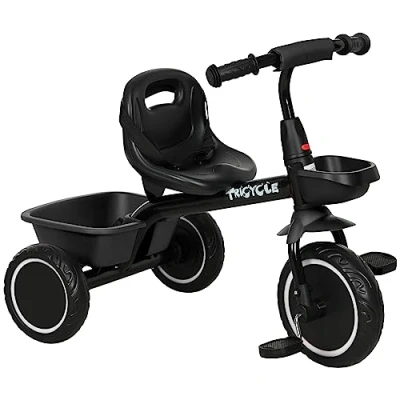 Image of AIYAPLAY Kids Trike, Toddler Tricycle for 2 to 5 Years, with Adjustable Seat, Pedal, Front Rear Baskets, 3 Wheels Bike Gift Boys and Girls, Black