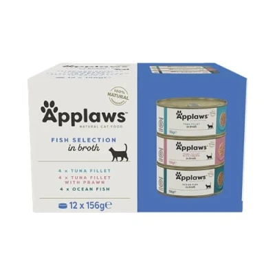Image of Applaws 100% Natural Wet Cat Food, Multipack Fish Selection in Broth 156 g Tin (Pack of 12)