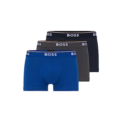 Image of HUGO Men&#039;s 3 pack Stretch Cotton Regular Fit Trunkstrunk 3p Co/El 10146061 013? ???? ? ??? ???3 ????????????3 Trunks, Navy/Charcoal/Blue, M UK