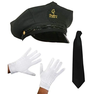 Image of Chauffeur Cap Limo Taxi Driver Hat, White Gloves and Black Tie Fancy Dress Kit