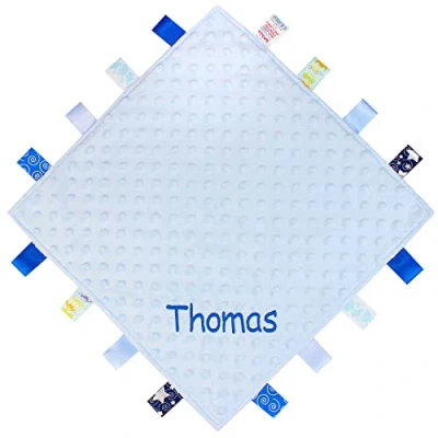 Image of Personalised Name Baby Comforter Blanket with Satin Ribbons (Blue)