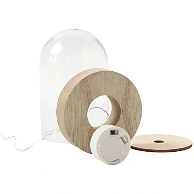 Image of Crafty Capers 18cm Tall Plastic Bell Jar Cloche on Wooden Stand with LED Fairy Lights