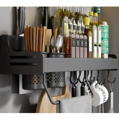 Image of Spice Rack Wall Mounted, Kitchen Shelf, Utensil Rack, Shelf Organiser, Cutlery Holder Racks Multi Purpose Suitable for Kitchens, Restaurants and Bars, 70cm,Black