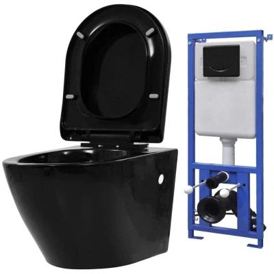 Image of vidaXL Wall Hung Toilet with Water Tank Plumbing Fixtures Bathroom Black WC Pan Soft Close Seat Ceramic Concealed Saving Cistern Floor Fix Kit