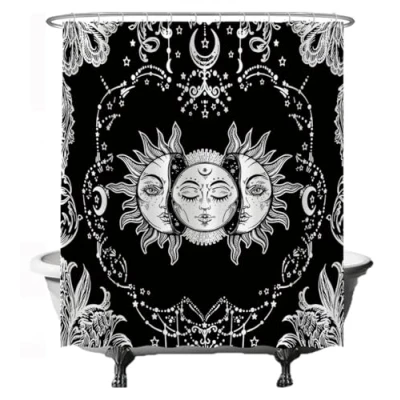 Image of Ulticool Shower Curtain Sun Moon Zodiac Sign Tarot Nature Bohemian 180 x 200 cm Anti Mould Washable Waterproof with 12 Rings Black White