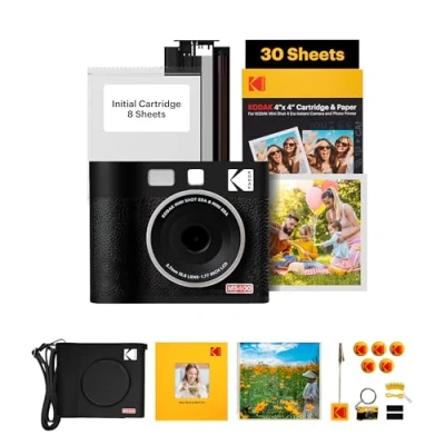 Image of KODAK Mini Shot 4 ERA 4PASS 2 in 1 Instant Camera and Photo Printer Accessory Bundle (4x4 inches), Initial 10 Sheets + 60 Pack, Black