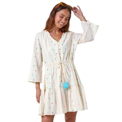 Image of Roman Originals Women Broderie Tiered Smock Dress Ladies Spring Holiday Summer Casual V Neckline Short Sleeve Relaxed Lined Comfy Dresses Petite Ivory Size 16
