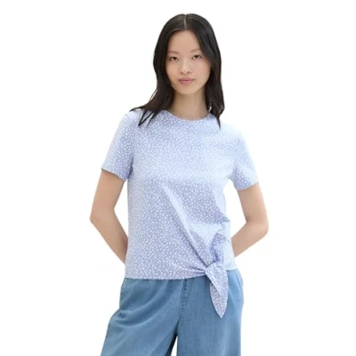 Image of TOM TAILOR Denim Women&#039;s 1040186 Basic T Shirt with Knot Detail, 35325 Mid Blue Minimal Print, XS