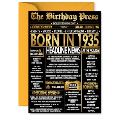 Image of Gold 90th Birthday Card for Men Women Black &amp; Golden Newspaper Born in 1935 Happy 90 Cards Uncle Nanny Dad Wife Nan Husband, A5 Bday Greeting