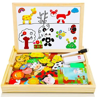 Image of COOLJOY 100+ PCS Wooden Magnetic Puzzle, Puzzle Board, Cute Pets Pattern Games Double Sided Jigsaw, Educational Drawing Easel Blackboard Wood Toys For Kids Up 3 Years Old Imagination