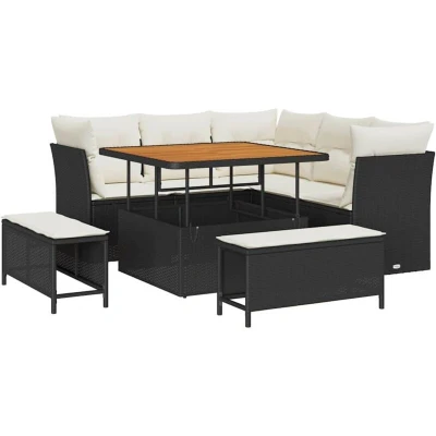Image of vidaXL 8 Piece Garden Sofa Set with Cushions Black Poly Rattan Acacia