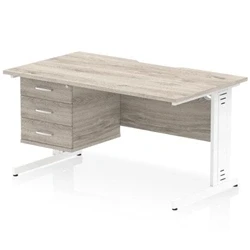 Image of Impulse 1400 x 800mm Scalloped Edge Office Desk Grey Oak Top White Cable Managed Leg Workstation 1 3 Drawer Fixed Pedestal
