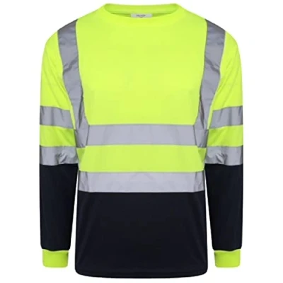 Image of Hi Viz Vis High Visibility Crew Neck Long Sleeves T Shirts Reflective Tape Safety Round Security Work Breathable Lightweight Workwear Tops (Yellow/Navy Large)