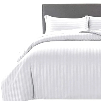 Image of MOONLIGHT20015 Super King Duvet Set Cover Hotel Quality Stripes Satin Bedding Sets with 2 Pillowcases, Reversible Hypoallergenic Soft Breathable Bed Covers (White, King)