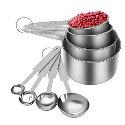 Image of 8 Piece Measuring Cups and Spoon Set Stainless Steel Cup with Ruler for Liquids Solids
