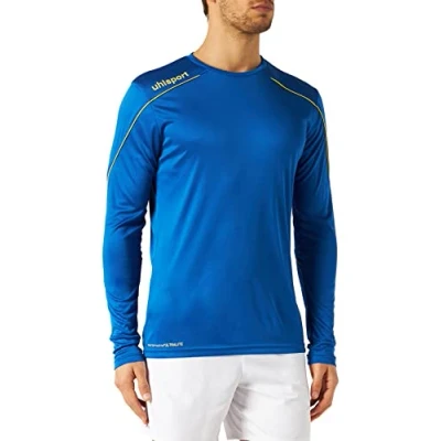 Image of Uhlsport Stream 22 Long Sleeve Jersey Junior, Azure Blue/Lime Yellow, Moisture Wicking Dry Tech Kids, Size 30/32