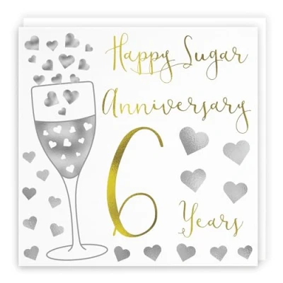 Image of Hunts England 6th Wedding Anniversary Card Happy Sugar 6 Years Silver Hearts Collection For Couple, Husband, Wife, Friends