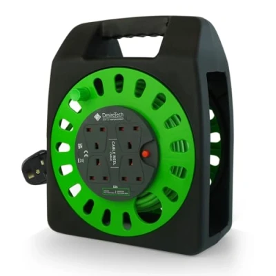 Image of Desiretech 18 Metre Portable Cable Reel Extension Lead 4 Shuttered Sockets, Thermal Cut Out, Ergonomic Handle, Green/Black Heavy Duty Cord for Indoor Use (18 Metre)