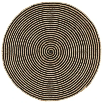 Image of vidaXL Handmade Jute Cotton Blend Rug 90cm Round, Black Spiral Design, Soft Durable Home Carpet