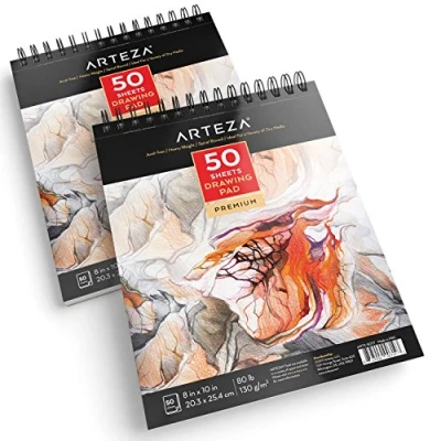 Image of Arteza Drawing Pad [20.3 x 25.4 cm, Pack of 2, 50 Pages Each] Spiral Bound Sketch with Durable 130 GSM Paper, Art Supplies for Students, &amp; Adults