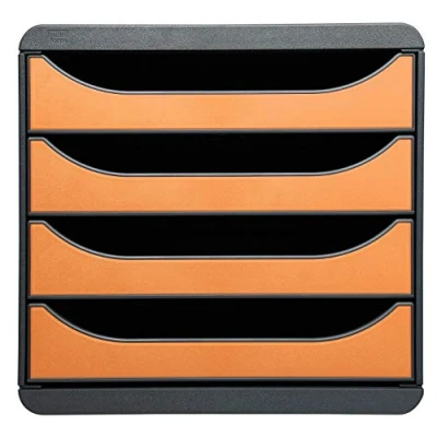 Image of Exacompta Ref 310788D BIG BOX Desktop Drawer Set 4 x 55mm Drawers, Suitable for A4+ Documents, 347 278 267mm, 100% Recycled Plastic Black/Tangerine