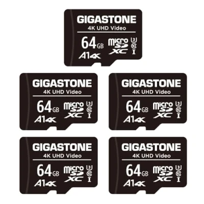 Image of Gigastone 64GB 5 Pack Micro SD Card with 1x Adapter + 2x Mini case, 4K UHD Video, Surveillance Security Cam Action Camera Drone Professional, 90MB/s SDXC UHS I A1 Class 10