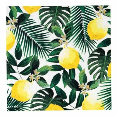 Image of Talking Tables Pack of 20 Lemon Napkins Tropical Serviettes with Jungle Leaves Disposable Tableware for Indoor or Outdoor Dining, Garden Party, Summer, BBQ, Picnic, Decoupage,33cm x 33cm