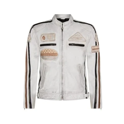 Image of Mens White Leather Biker Badges Racing Moto Jacket S