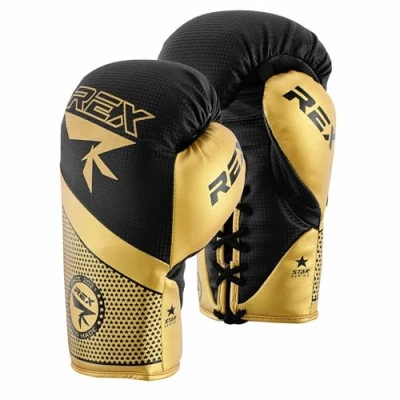 Image of REX Lace up Boxing Gloves, Pro Training Sparring, Maya Hide Leather, Muay Thai MMA Kickboxing, Men Women Adult, Heavy Punching Bag Focus Mitts Pads Workout, Ventilated Palm, (GOLD/BLACK, 14 oz)