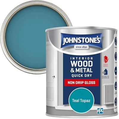 Image of Johnstone&#039;s Quick Dry Gloss Teal Topaz Finish Water Based Interior Wood &amp; Metal Radiator Paint Low Odour in 1 2 Hours 8m2 Coverage per Litre 0.75 L
