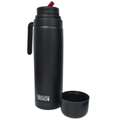 Image of Gaucho Bruno Yerba Mate Flask Thermal Drink Container with Precision Pour Spout, Handle &amp; Screw Lid Insulated for Hot Cold Beverage Black Powder Coated Stainless Steel 1 Litre Capacity