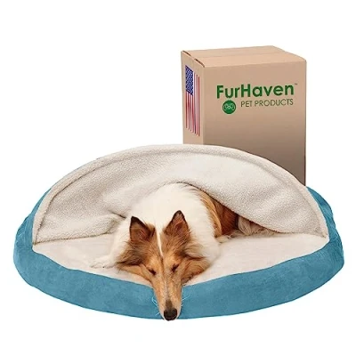 Image of FurHaven 44&quot; Round Orthopedic Dog Bed For Large Dogs w/Removable Washable Cover, Up to 80 lbs Sherpa &amp; Suede Snuggery Blue, 44 inch