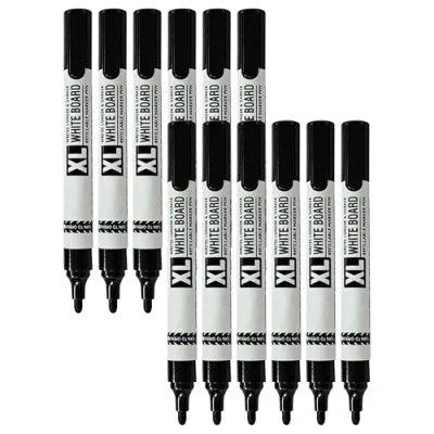 Image of XLarge Dry Erase Marker Pens, BLACK, Bullet Tip, Pack of 10, Whiteboard Markers, Wipe Ideal for School Office Home Use, iZOFAX Black Ball Pen