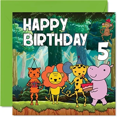 Image of 5th Birthday Card Boy Jungle Happy 5 Year Old Boy, Boys Cards for Him, 145mm x Greeting Son Nephew Grandson Kid Children