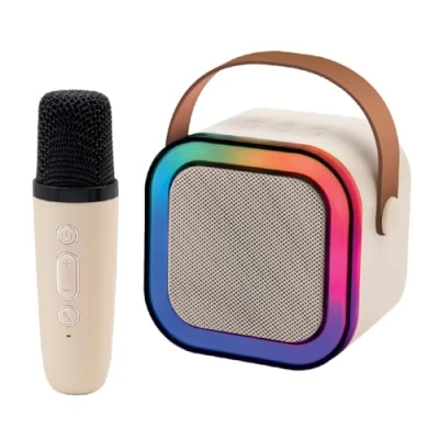 Image of Global Gizmos 54959 Mini Karaoke Machine with Wireless Microphone/Wireless Portable Bluetooth Speaker/Multi Coloured LED Lights
