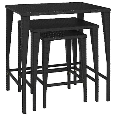 Image of vidaXL Stylish Nesting Tables 3 Pieces Set Black Poly Rattan Modern Design Weather Resistant &amp; Durable For Indoor Outdoor Use Convenient Storage