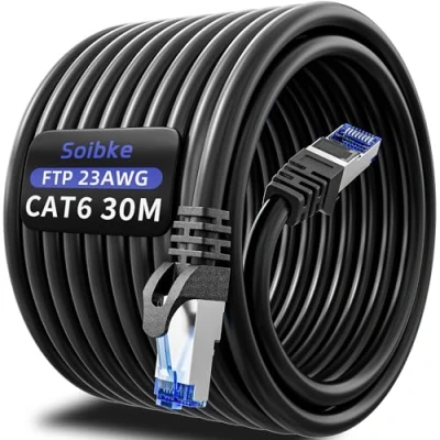 Image of Ethernet Cable 30m, Cat 6 Internet 30m Network FTP Shielded Patch High Speed Gigabit 1000Mbps LAN Weatherproof Wlan 23AWG Black Wifi for Router Modem