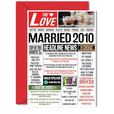 Image of 14th Anniversary Cards for Men Women Married 2010 Newspaper Happy 14 Wedding Card Husband Wife Brother Sister Aunt Uncle Vintage Retro 2010, 5x7 Inch Greeting
