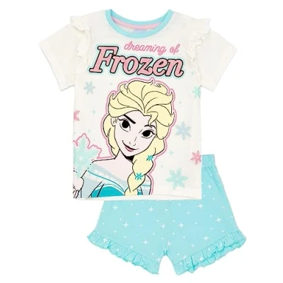 Image of Disney Frozen Girls Pyjama Set Kids Multicoloured Short Sleeve T Shirt &amp; Shorts PJs Bundle Elsa White Graphic Nightwear for Children Princess Leg Cosy Pajama Loungewear Gift