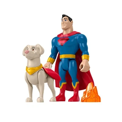 Image of DC Comics ​Fisher Price League of Super Pets Superman &amp; Krypto, set 2 poseable figures with accessory for preschool kids ages 3 years and up