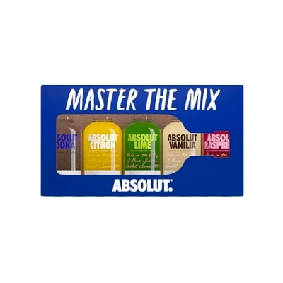 Image of Absolut Mix Miniature Pack with Original, Citron, Lime, Vanilia and Raspberri Flavoured Swedish Vodka, 5 x 5cl